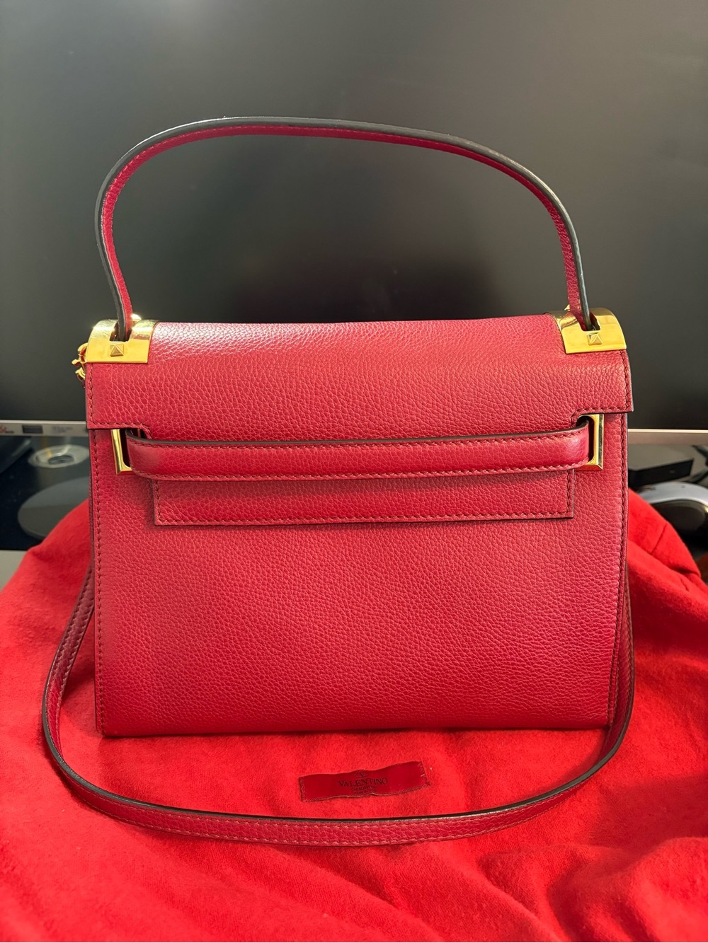 Valentino Garavani Red Leather Rockstud Top-Handle Bag with Gold Hardware